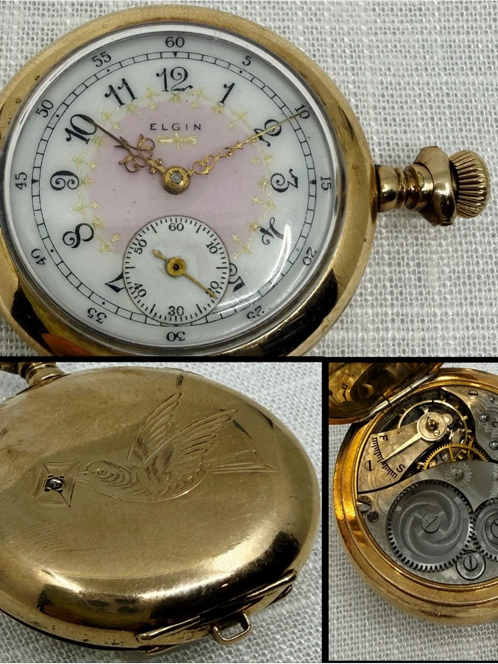 VICTORIAN 1911 Elgin Grade 320 7J Sz 0 Pendant Watch - Rare Dial+Diamond Design